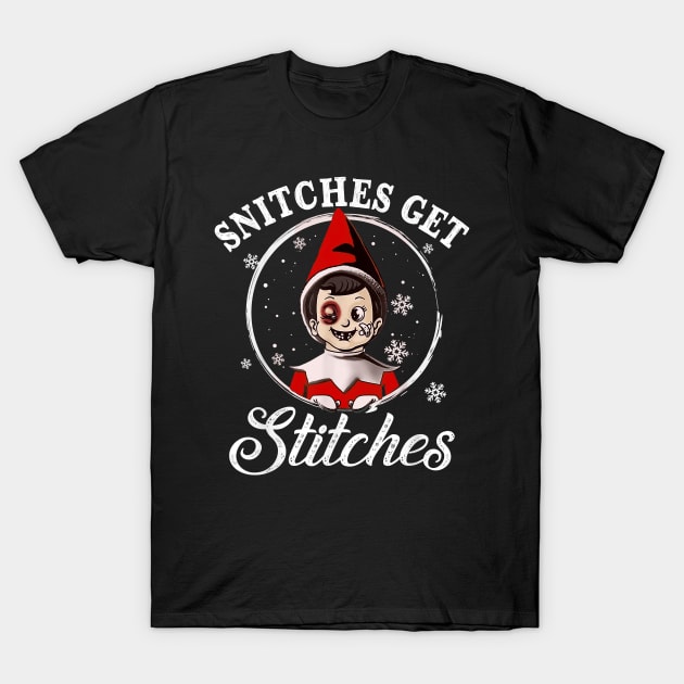 Christmas Elf Boy Snitches Get Stitches Xmas Family T-Shirt by waterbrookpanders